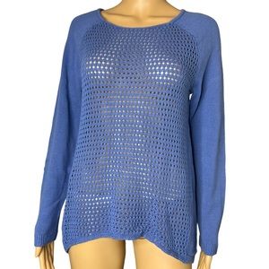 Leo & Nicole Pullover Sweater Medium M Blue 100% Cotton Long Sleeve Eyelet